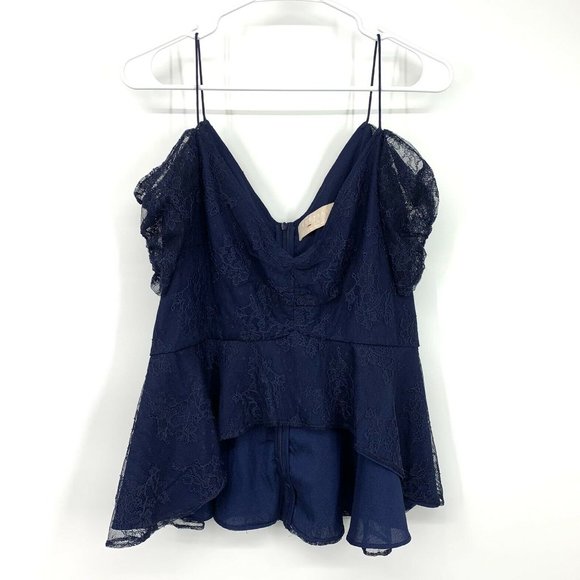 Keepsake The Label Top Womens Size XL Blue Lace Cold Shoulder Ruffle Hi Lo - Picture 2 of 8
